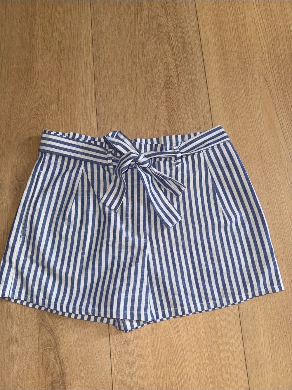 Love Tree Blue & White Striped High-Waist Tie Shorts